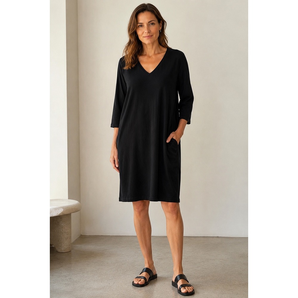 Eileen Fisher Black Organic Cotton V-Neck Pocket Tunic Dress XL